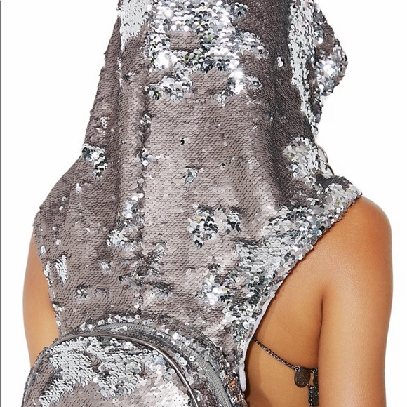 Handbags - Silver sequin hooded chain backpack rave